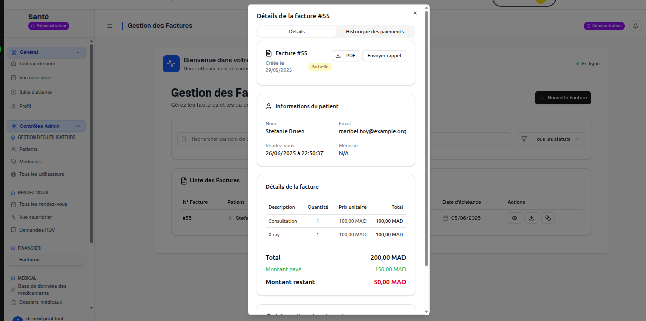 Billing and payments view in Nextpital